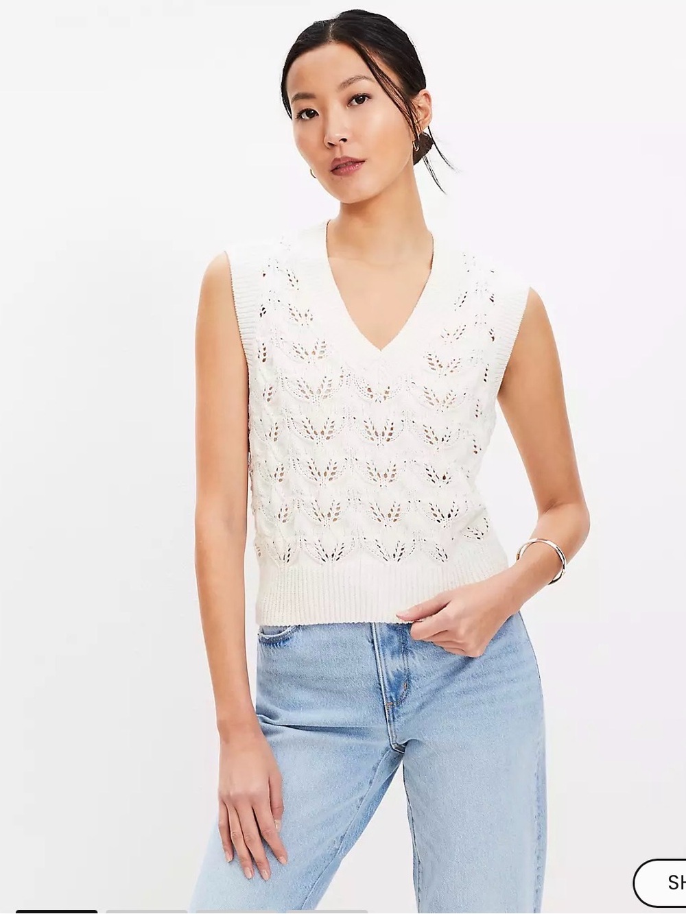 LOFT Cream Openwork Cable Knit V-Neck Sweater Vest